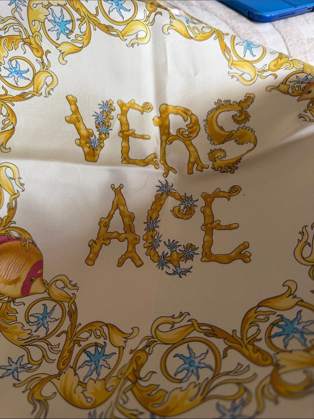 Versace Silk Scarf in Cream, Gold & Light Blue with Pink Trim - Picture 4 of 6